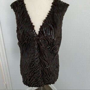 NWT   Conrad C Faux Leather Fur Distressed Design Vest Choc Brown Black SZ 16
